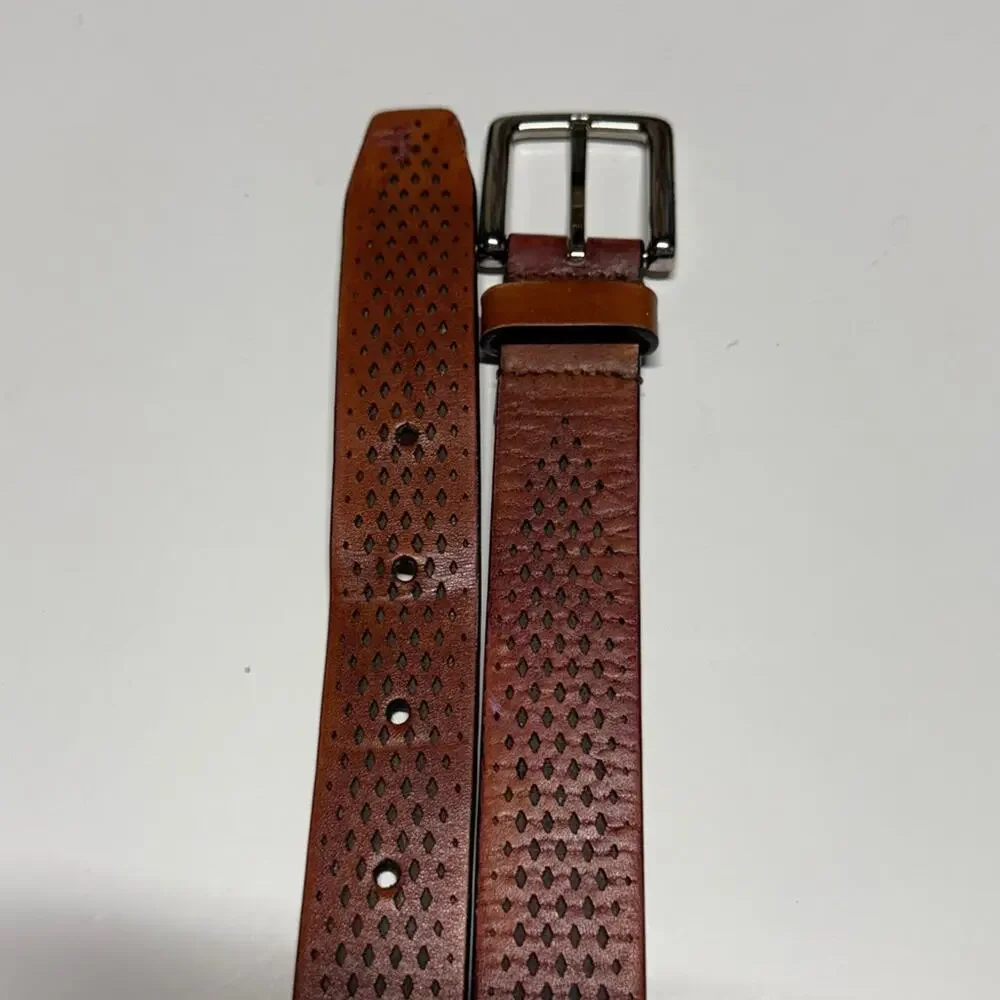 Cole Haan Brown Perforated Leather Belt with Silver Buckle 32